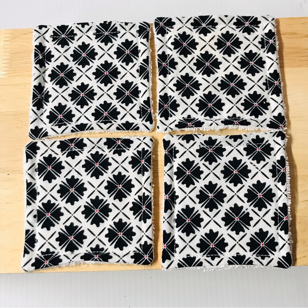 Reusable Set of Four 3.25” Black Flowers Terry Cloth Makeup Remover Cloths